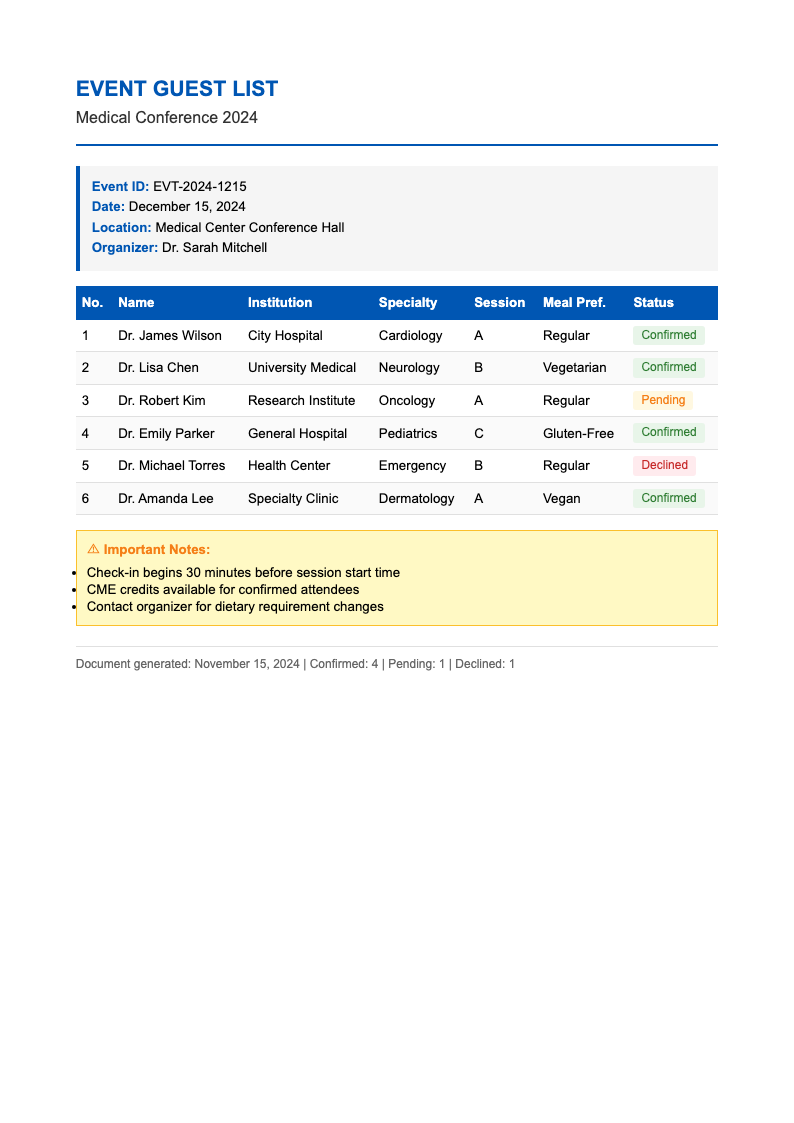 Medical report guest list